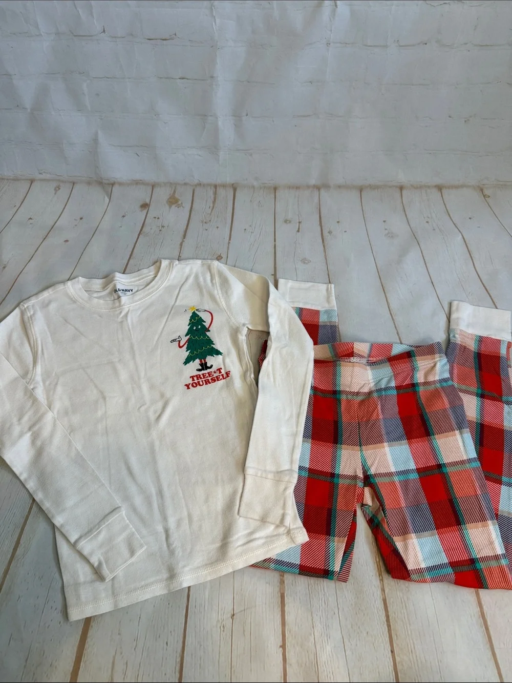 Old Navy Cream Long-Sleeve Tree Pajama Top with Red Plaid Pants
